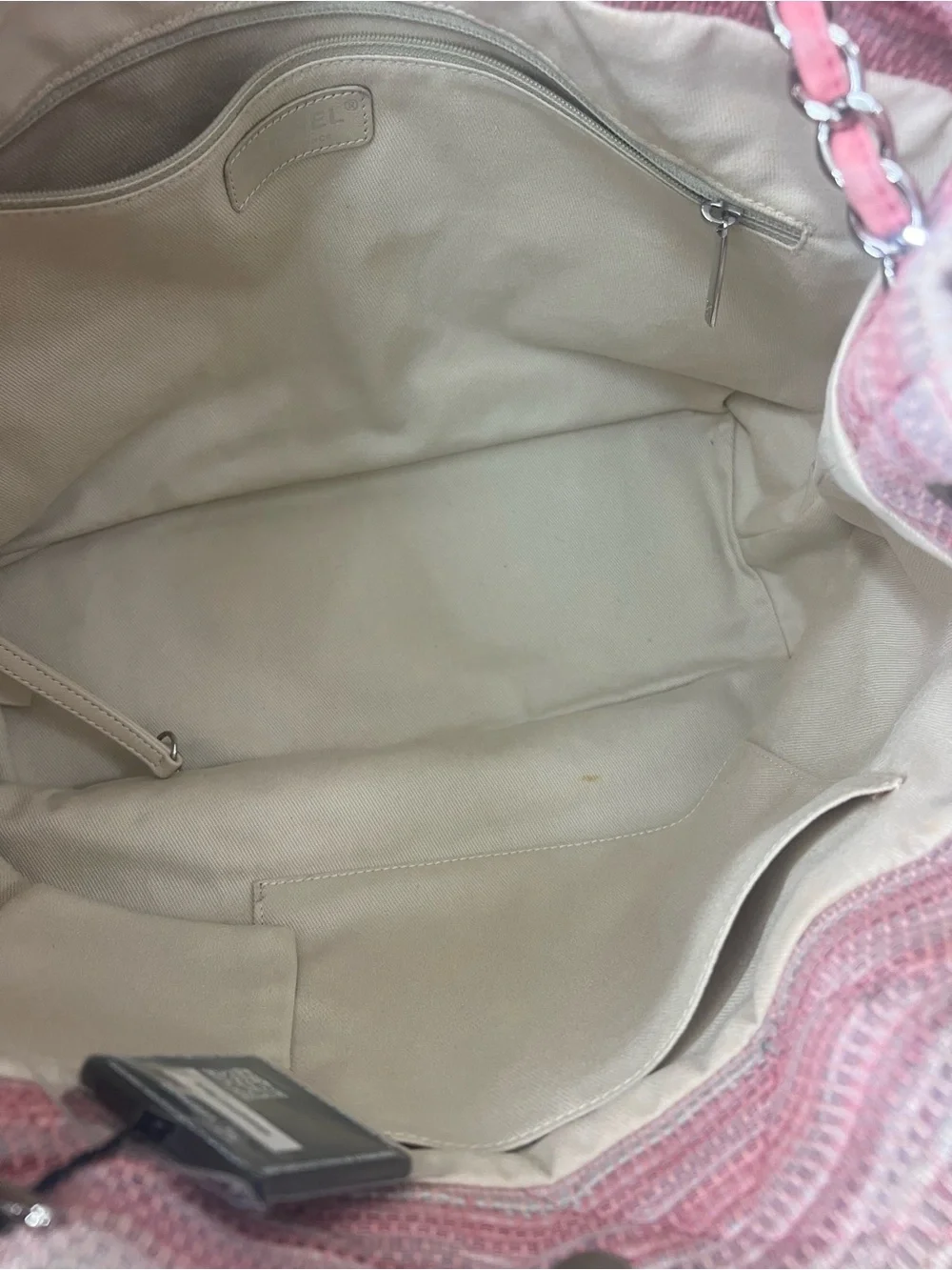 CHANEL Pink & Beige Woven Tote with Chain-Strap